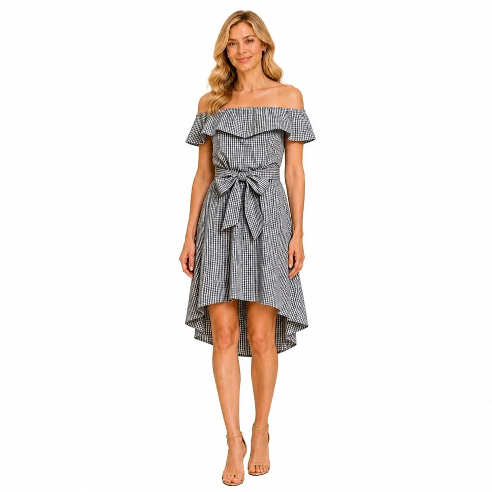 Saks Fifth Avenue Gingham Off-Shoulder Hi-Low Dress Tie Waist Black White M